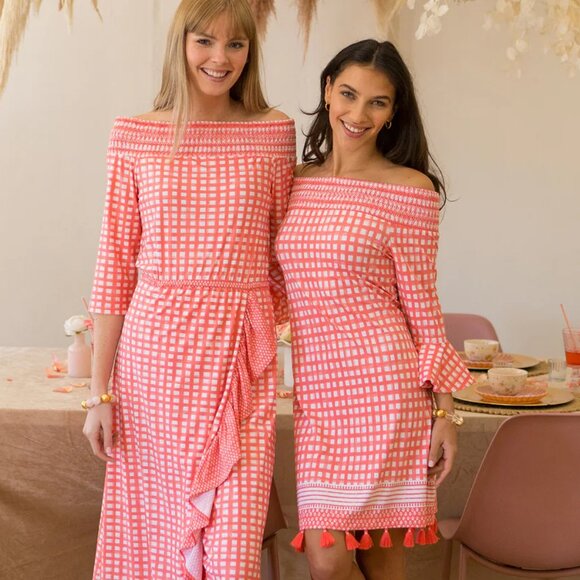 Cabana Life Nantucket Off Shoulder Dress Tassels Smocked 50+‎ UPF Coral Check XS - Picture 3 of 14